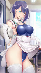 Rule 34 | 1girl, absurdres, apron, apron lift, blue eyes, blue hair, blue one-piece swimsuit, breasts, clothes lift, commentary request, competition swimsuit, elbow gloves, gentsuki, gloves, highres, indoors, large breasts, looking at viewer, one-piece swimsuit, original, parted lips, short hair, smile, solo, swimsuit, thighhighs, thighs, tray, white apron, white gloves, white thighhighs