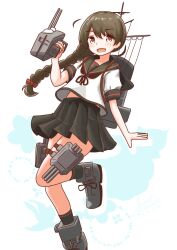 Rule 34 | 1girl, aaoi, adapted turret, black sailor collar, black skirt, brown eyes, brown hair, brown neckerchief, cannon, highres, kantai collection, long hair, machinery, neckerchief, one-hour drawing challenge, pleated skirt, sailor collar, sailor shirt, school uniform, serafuku, shirt, skirt, smile, solo, standing, standing on one leg, turret, uranami (kancolle), uranami kai ni (kancolle), white shirt