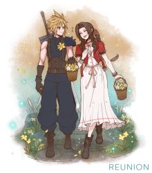 Rule 34 | 1boy, 1girl, armor, baggy pants, belt, blonde hair, blue eyes, blue pants, blue shirt, blush, boots, bracelet, braid, buster sword, choker, closed eyes, couple, cropped jacket, dress, english text, final fantasy, final fantasy vii, final fantasy vii remake, flower, flower basket, full body, gloves, hair between eyes, hair ribbon, hand to own chest, highres, jacket, jewelry, lily (flower), long dress, long hair, lukrevadraws, multiple bracelets, necklace, open mouth, pants, parted bangs, pink dress, pink ribbon, red jacket, ribbon, shirt, short hair, shoulder armor, sidelocks, sleeveless, sleeveless turtleneck, smile, spiked hair, square enix, suspenders, talking, turtleneck, walking, wavy hair, weapon, weapon on back, white flower, yellow flower