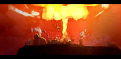 Rule 34 | bad id, bad pixiv id, building, cloud, destruction, explosion, explosive, genshin impact, hemublue9, highres, letterboxed, no humans, nuclear explosion, nuclear weapon, red sky, sky, weapon of mass destruction