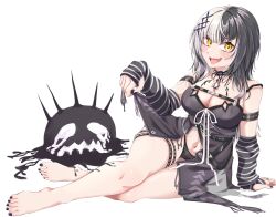 Rule 34 | 1girl, absurdres, arm strap, arm support, barefoot, black hair, black nails, black panties, blush, breasts, chest belt, choker, cleavage, detached sleeves, dress, feet, full body, grey dress, grey hair, hair ornament, highres, hololive, hololive english, knees together feet apart, large breasts, leaning to the side, legs, long hair, long sleeves, looking at viewer, mmneko, multicolored hair, nail polish, navel, open mouth, panties, shiori novella, shiori novella (1st costume), sidelocks, simple background, sitting, solo, split-color hair, streaked hair, striped sleeves, toenail polish, toenails, toes, tongue, tongue out, two-tone hair, underwear, virtual youtuber, white background, yellow eyes