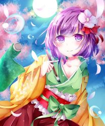 Rule 34 | 1girl, bad id, bad pixiv id, bubble, cherry blossoms, collarbone, female focus, hieda no akyuu, highres, japanese clothes, moonlight, petals, purple eyes, purple hair, rukito, scroll, solo, touhou