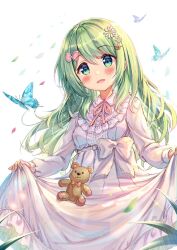 Rule 34 | 1girl, :d, akabane (zebrasmise), animal, bear hair ornament, blue butterfly, blush, bow, breasts, bug, butterfly, collared dress, dress, falling leaves, flower, green eyes, green hair, hair bow, hair flower, hair ornament, head tilt, highres, insect, leaf, long dress, long hair, long sleeves, looking at viewer, morinaka kazaki, neck ribbon, nijisanji, open mouth, pink bow, puffy long sleeves, puffy sleeves, ribbon, simple background, skirt basket, skirt hold, sleeves past wrists, small breasts, smile, solo, sparkle, stuffed animal, stuffed toy, teddy bear, very long hair, virtual youtuber, white background, white dress, white flower