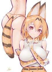 Rule 34 | 10s, 1girl, anho, animal ears, ass, blonde hair, bow, bowtie, breasts, clothing cutout, elbow gloves, extra ears, finger to own chin, from behind, gloves, hair between eyes, hand on own elbow, heart cutout, kemono friends, large breasts, looking at viewer, multiple views, panties, serval (kemono friends), serval print, serval tail, shirt, short hair, signature, simple background, sleeveless, tail, underwear, white background, white shirt