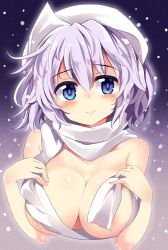 Rule 34 | 1girl, blue eyes, blush, breasts, hat, highres, large breasts, letty whiterock, light purple hair, looking at viewer, maturiuta sorato, naked scarf, nude, revision, scarf, smile, solo, touhou, upper body