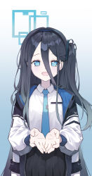 Rule 34 | 1girl, absurdly long hair, aqua halo, aris (blue archive), black hair, black hairband, black skirt, blue archive, blue background, blue eyes, blue necktie, blush, collared shirt, gradient background, hair between eyes, hairband, halo, highres, jacket, long hair, long hair between eyes, long sleeves, looking at viewer, multiple girls, necktie, one side up, open clothes, open jacket, open mouth, rectangular halo, ringed eyes, shirt, simple background, skirt, smile, solo, very long hair, void4516, white background, white shirt, zipper