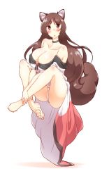 Rule 34 | 1girl, animal ears, ass, bare shoulders, barefoot, blush, breasts, brown eyes, brown hair, choker, cleavage, collarbone, commentary request, covered erect nipples, detached sleeves, dress, floating, highres, imaizumi kagerou, large breasts, levitation, long hair, no bra, no pants, non (z-art), one-hour drawing challenge, open mouth, panties, pantyshot, simple background, solo, tail, touhou, triangle mouth, underwear, white background, white panties