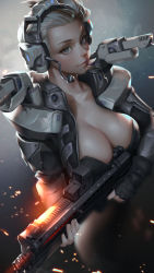 Rule 34 | 1girl, absurdres, armor, blue eyes, bo xun lin, breasts, bullpup, cleavage, commentary, english commentary, gun, hair pulled back, headset, highres, large breasts, lips, looking at viewer, military operator, nose, original, power armor, pump-action shotgun, pump action, science fiction, shotgun, shoulder cannon, solo, utas uts-15, uts-15, weapon, white hair