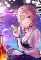 Rule 34 | 1girl, absurdres, aerial fireworks, bikini, black bikini, blonde hair, blue eyes, breasts, cleavage, cup, drinking glass, fireworks, grin, hair between eyes, highres, holding, holding cup, hololive, hololive english, lisa 78, looking at viewer, pool, smile, solo, swimsuit, upper body, virtual youtuber, watson amelia, watson amelia (party dress), wet