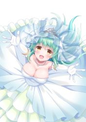 Rule 34 | 1girl, armpit crease, armpit peek, armpits, blush, bouquet, breasts, bridal gauntlets, bridal veil, bride, cleavage, dress, fate/grand order, fate (series), flower, frilled dress, frilled skirt, frills, gauntlets, gem, green hair, hand up, highres, jewelry, kiyohime (fate), lace, large breasts, long dress, long skirt, looking at viewer, looking up, medium breasts, necklace, open mouth, pearl (gemstone), pearl necklace, petals, short hair, skirt, sleeveless, sleeveless dress, smile, suzumia (daydream), veil, wedding, wedding dress, white dress, white skirt, yellow eyes