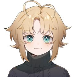 Rule 34 | 1boy, black sweater, blonde hair, blue eyes, blush, head tilt, heridy, highres, looking at viewer, male focus, matome (heridy), mole, mole under eye, original, short hair, simple background, solo, sweater, turtleneck, turtleneck sweater, white background