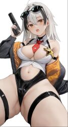 Rule 34 | arm strap, bare shoulders, black hair, black jacket, breasts, brown jacket, collared shirt, commentary request, commission, cropped shirt, earrings, eyewear on head, finger on trigger, gluteal fold, grey hair, gun, hair between eyes, handgun, highleg, holding, holding gun, holding weapon, indie virtual youtuber, jacket, jewelry, large breasts, looking at viewer, medium hair, multicolored hair, navel, necktie, nyatabe, off shoulder, open mouth, partially unbuttoned, reclining, red necktie, shirt, short necktie, skeb commission, sleeveless, sleeveless shirt, star ornament, streaked hair, stud earrings, sunglasses, teeth, thigh strap, thighs, two-sided fabric, two-sided jacket, upper teeth only, weapon, white background, yabuuchi panda, yellow eyes