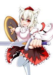 Rule 34 | 1girl, :3, animal ears, bad id, bad pixiv id, bare shoulders, blush, breasts, chickenman, detached sleeves, fang, hat, inubashiri momiji, looking at viewer, open mouth, pom pom (clothes), red eyes, sarashi, shield, short hair, silver hair, simple background, solo, sword, tail, tokin hat, touhou, weapon, white background, wolf ears, wolf tail