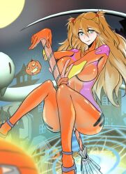 Rule 34 | 1girl, adapted costume, alternate breast size, ass, bodysuit, breasts, broom, curvy, halloween, holding, holding broom, huge ass, interface headset, large breasts, legs together, long hair, looking at viewer, neon genesis evangelion, night, night sky, plugsuit, pumping, shiny clothes, skin tight, sky, smile, solo, souryuu asuka langley, two side up, very long hair, wakusan, wide hips