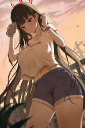 1girl absurdres alternate_costume black_hair blue_archive blue_shorts bottle breasts collarbone evening halo highres holding holding_bottle large_breasts long_hair midriff navel outdoors poppo_myupunk98 red_eyes rio_(blue_archive) shirt short_shorts short_sleeves shorts solo white_shirt