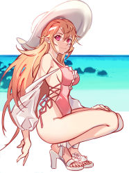Rule 34 | 1girl, azur lane, bare legs, bare shoulders, blonde hair, breasts, cross-laced clothes, cross-laced one-piece swimsuit, ghooost, hair between eyes, hand on lap, hand on own thigh, hat, high heels, highres, legs, long hair, looking at viewer, medium breasts, ocean, one-piece swimsuit, pink one-piece swimsuit, purple eyes, richelieu (azur lane), richelieu (fleuron of the waves) (azur lane), seafloor, shoes, simple background, sitting, smile, solo, sun hat, swimsuit, thighhighs, thighs, v, water, white footwear, white hat