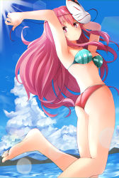 Rule 34 | 1girl, adapted costume, armpits, arms up, ass, bad id, bad pixiv id, bare arms, bare legs, bare shoulders, barefoot, bikini, breasts, closed mouth, cloud, cloudy sky, day, elusya, expressionless, fox mask, from side, hata no kokoro, highres, lake, long hair, looking at viewer, looking to the side, mask, mask on head, pink eyes, pink hair, sky, small breasts, solo, sunlight, swimsuit, touhou