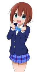 Rule 34 | 10s, 1girl, :d, blazer, blue eyes, brown hair, jacket, kosaka yukiho, looking at viewer, love live!, love live! school idol project, miyako hito, open mouth, school uniform, short hair, simple background, smile, solo, white background