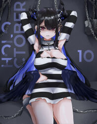 Rule 34 | 1girl, absurdres, aidoruhakase, asymmetrical horns, black hair, blue hair, breasts, chain, chained legs, chained wrists, cleavage, colored inner hair, demon horns, feathered wings, highres, hololive, hololive english, horns, large breasts, long hair, looking at viewer, low wings, mole, mole under eye, multicolored hair, nerissa ravencroft, prison clothes, red eyes, solo, torn clothes, virtual youtuber, wings