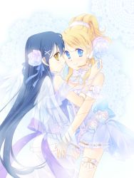 Rule 34 | 10s, 2girls, angel, angel wings, ayase eli, blonde hair, blue eyes, blue hair, flower, hair flower, hair ornament, headset, long hair, looking at viewer, love live!, love live! school idol project, mimori (cotton heart), multiple girls, ponytail, ribbon, sonoda umi, wings, yellow eyes, yuri