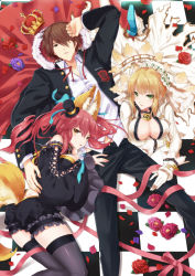 Rule 34 | 10s, 1boy, 2girls, blonde hair, breasts, brown hair, center opening, cleavage, fate/extra, fate/extra ccc, fate (series), flower, hat, highres, kishinami hakuno (male), mini hat, mini top hat, multiple girls, nero claudius (bride) (fate), nero claudius (fate), nero claudius (fate) (all), official alternate costume, pink hair, ribbon, tamamo no mae (fate/extra), tamamo no mae (sable mage) (fate), top hat, yukihime (mofumofu2225)