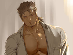 Rule 34 | 1boy, abs, bad id, bad twitter id, bara, chest hair, facial hair, goatee, hinokumo f, large pectorals, looking down, male focus, mature male, mononobe kyoma, multicolored hair, muscular, muscular male, nipples, old, old man, open clothes, open shirt, pectoral cleavage, pectorals, shirt, short hair, sideburns, solo, stomach, streaked hair, stubble, tokyo houkago summoners, upper body, white shirt