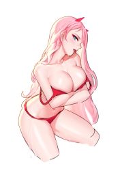Rule 34 | 1girl, bare arms, bare shoulders, bikini, blue eyes, breast hold, breasts, cleavage, collarbone, cropped legs, darling in the franxx, highres, horns, large breasts, long hair, looking at viewer, navel, pink hair, profile, red bikini, simple background, siun, solo, strap slip, string bikini, swimsuit, thighs, tongue, tongue out, white background, zero two (darling in the franxx)