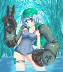 Rule 34 | 1girl, backpack, bag, blue eyes, blue hair, cameltoe, female focus, hair bobbles, hair ornament, hat, kawashiro nitori, bridal garter, matching hair/eyes, mechanical arms, one-piece swimsuit, randoseru, s-pot, school swimsuit, short hair, single mechanical arm, solo, swimsuit, touhou, twintails, two side up, v, wading, water