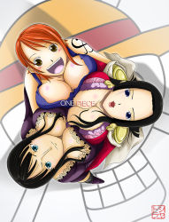 Rule 34 | 3girls, asymmetrical docking, black hair, blue eyes, blush, boa hancock, breast press, breasts, brown eyes, cleavage, from above, highres, huge breasts, long hair, multiple girls, nami (one piece), nico robin, one piece, open mouth, orange hair, short hair, smile
