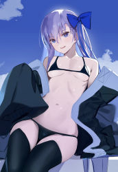 Rule 34 | 1girl, bare shoulders, bikini, black bikini, black jacket, black thighhighs, blue bow, blue eyes, bow, breasts, fate/grand order, fate (series), groin, hair between eyes, hair bow, jacket, long hair, long sleeves, looking at viewer, meltryllis, meltryllis (fate), meltryllis (swimsuit lancer) (fate), meltryllis (swimsuit lancer) (first ascension) (fate), navel, open clothes, open jacket, parted lips, purple hair, siino, sitting, sleeves past fingers, sleeves past wrists, small breasts, smile, solo, stomach, swimsuit, thighhighs, thighs