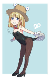 Rule 34 | 1girl, black footwear, black leotard, black pantyhose, blonde hair, blue background, blue eyes, blunt bangs, border, bow, bowtie, breasts, brown hat, collared shirt, full body, gloves, grin, hat, high heels, highres, jack (wkm74959), leotard, medium hair, moriya suwako, one-hour drawing challenge, pantyhose, red bow, red bowtie, shirt, small breasts, smile, solo, tadpole tail, touhou, translation request, white border, white gloves, white wrist cuffs, wrist cuffs