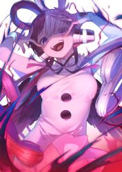 Rule 34 | 1girl, arms up, hair rings, headphones, highres, looking at viewer, multicolored hair, one piece, one piece film: red, open mouth, purple eyes, red hair, red ribbon, ribbon, ryota (ry o ta), single sleeve, smile, solo, split-color hair, two-tone hair, upper body, uta (one piece), white background, white hair, white sleeves