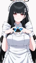 Rule 34 | 1girl, apron, black dress, black hair, blue archive, blue bow, blue bowtie, blush, bow, bowtie, breasts, bright pupils, collared dress, commentary, dress, hair ornament, hairclip, halo, heart, heart hands, highres, large breasts, long hair, looking at viewer, maid apron, maid headdress, red eyes, red nails, reia 76, rio (blue archive), smile, solo, symbol-only commentary, twitter username, white pupils, wrist cuffs