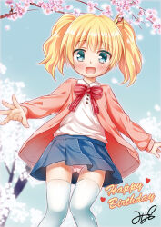 Rule 34 | 1girl, :d, alice cartelet, blonde hair, blue eyes, blue sky, blush, bow, bowtie, cardigan, cherry blossoms, day, hair ornament, hair stick, happy birthday, heart, kin-iro mosaic, looking at viewer, open mouth, outdoors, panties, pantyshot, pink panties, skirt, sky, smile, solo, spread fingers, thighhighs, twintails, underwear, white thighhighs, yukino minato