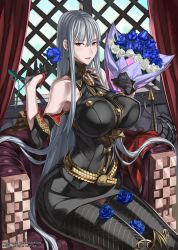 Rule 34 | 00s, 1girl, bare shoulders, belt, belt skirt, black gloves, black pantyhose, bouquet, breasts, brooch, buttons, detached sleeves, female focus, flower, gloves, hair between eyes, half gloves, halterneck, honjou raita, impossible clothes, jewelry, large breasts, long hair, looking at viewer, military, military uniform, non-web source, official art, pantyhose, red eyes, selvaria bles, senjou no valkyria (series), silver hair, solo, uniform