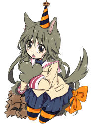 Rule 34 | 00s, 1girl, animal ears, animal hands, asaki (pixiv32096), clannad, dog ears, dog tail, ibuki fuuko, kemonomimi mode, long hair, looking at viewer, open mouth, pantyhose, school uniform, simple background, solo, striped clothes, striped pantyhose, tail, white background