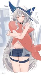 Rule 34 | 1girl, absurdres, arknights, black choker, blue bow, blue shorts, blush, bow, choker, chunta, closed mouth, commentary, commission, cowboy shot, cropped legs, crossed arms, grey hair, hat, hat bow, highres, holding, holding stuffed toy, long hair, looking at viewer, midriff, navel, official alternate costume, red eyes, see-through, short shorts, shorts, signature, simple background, skadi (arknights), skadi (waverider) (arknights), skeb commission, solo, standing, stuffed animal, stuffed orca, stuffed toy, thigh strap, very long hair, wet, white background, white hat