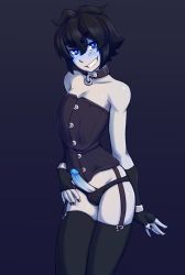 Rule 34 | 1boy, arm at side, bare shoulders, black gloves, black hair, black nails, black panties, black thighhighs, blue eyes, blush, bow, bow panties, collar, colored skin, cowboy shot, elbow gloves, erection, fingerless gloves, garter straps, gift art, gloves, grin, groin, hair between eyes, hand on own thigh, highres, ittla, looking at viewer, male focus, nail polish, original, panties, penis, penis in panties, purple background, short hair, simple background, smile, solo, teeth, thick eyebrows, thighhighs, trap, uncensored, underwear, white skin