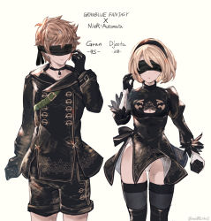 Rule 34 | 1boy, 1girl, 2b (nier:automata), 2b (nier:automata) (cosplay), 9s (nier:automata) (cosplay), asymmetrical gloves, bad id, bad pixiv id, black blindfold, black choker, black dress, black gloves, black hairband, black jacket, black shorts, black thighhighs, blindfold, blonde hair, breasts, brown hair, character name, choker, cleavage, cleavage cutout, closed mouth, clothing cutout, collarbone, copyright name, cosplay, djeeta (granblue fantasy), dress, facing viewer, gloves, gran (granblue fantasy), granblue fantasy, groin, hair between eyes, hairband, hand up, highres, jacket, juliet sleeves, leotard, leotard under clothes, long sleeves, medium breasts, milli little, mismatched gloves, nier:automata, nier (series), parted lips, puffy sleeves, short shorts, shorts, simple background, standing, thighhighs, twitter username, white gloves, white leotard, 9s (nier:automata)