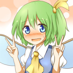 Rule 34 | 1girl, ascot, bad id, bad pixiv id, blue eyes, blush, bubble, daiyousei, fairy, female focus, green hair, hair ribbon, highres, looking at viewer, puffy sleeves, ribbon, short hair, short sleeves, side ponytail, simple background, solo, sweat, touhou, udongein, v, wings, yamato (muchuu paradigm)