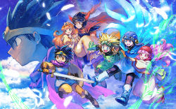 Rule 34 | 3girls, 4boys, armor, black hair, blonde hair, blue armor, blue cape, blue eyes, blue headwear, blue sky, boots, brown eyes, cape, carrying, cloud, cloudy sky, dragon quest, dragon quest i, dragon quest ii, dragon quest iii, dress, full body, gloves, goggles, goggles on headwear, helmet, hero (dq1), heroine (dq3), holding, holding shield, holding sword, holding weapon, long hair, long sleeves, multiple boys, multiple girls, open mouth, orange cape, orange hair, pointing, pointing forward, prince of lorasia, prince of samantoria, princess carry, princess laura, princess of moonbrook, purple cape, purple hair, red cape, red eyes, red headwear, roto (dq3), shield, short hair, sky, sword, tiara, tunic, weapon, yellow dress, yuza