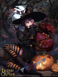 Rule 34 | 1girl, bag, boots, breasts, candy, capelet, cglange, dated, dress, food, full moon, gloves, halloween, hat, high heel boots, high heels, highres, jack-o&#039;-lantern, large breasts, legend of the cryptids, lips, lollipop, moon, mushroom, nadia (legend of the cryptids), one eye closed, original, pleated skirt, skirt, solo, striped clothes, striped thighhighs, thighhighs, tree, two-tone stripes, watermark, wink, witch, witch hat, zettai ryouiki