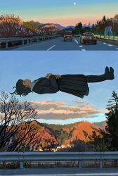 Rule 34 | 1girl, bare tree, black hair, black jacket, black pantyhose, black skirt, blue sky, car, closed eyes, closed mouth, cloud, collared shirt, commentary request, floating, floating hair, foliage, from side, guard rail, half moon, hands on own stomach, highres, highway, jacket, levitation, long sleeves, lying, minahamu, moon, motor vehicle, mountainous horizon, on back, original, outdoors, pantyhose, pleated skirt, profile, rural, shirt, short hair, skirt, sky, sleeping, solo, tree, twilight, white shirt