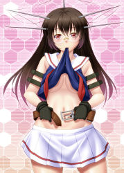 Rule 34 | 10s, 1girl, ayato, bad id, bad pixiv id, belt, black hair, breasts, choukai (kancolle), glasses, hair ornament, highres, kantai collection, long hair, midriff, navel, personification, pleated skirt, red eyes, school uniform, skirt, solo, underboob, undressing, unworn belt