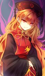 Rule 34 | 1girl, black dress, blonde hair, chinese clothes, crescent, dress, fox tail, hands in opposite sleeves, hat, junko (touhou), kutsuki kai, long hair, long sleeves, looking at viewer, multiple tails, red eyes, sash, shaded face, smile, solo, tabard, tail, touhou, upper body, very long hair, wide sleeves
