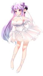 Rule 34 | 1girl, :o, absurdres, alternate breast size, azur lane, blush, breasts, catnnn, cleavage, commentary, detached sleeves, double bun, dress, grey background, hair bun, highres, holding, holding microphone, large breasts, long hair, looking at viewer, microphone, official alternate costume, purple eyes, purple hair, short dress, solo, transparent background, two side up, unicorn (angelic night) (azur lane), unicorn (azur lane), very long hair, white dress, white footwear, white sleeves