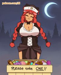 Rule 34 | &gt; &lt;, 1girl, :3, animated, animated gif, blood, blood on face, blood splatter, braid, breasts, candy, cleavage, crescent moon, english text, food, halloween, hat, holding, holding knife, holding weapon, incoming attack, knife, large breasts, lupusregina beta, maid, moon, night, outdoors, overlord (maruyama), patreon username, pov, red hair, rtil, slashing, tree, twin braids, weapon, yellow eyes