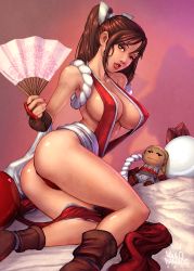 Rule 34 | 10s, 1girl, 2011, andy bogard, ankle boots, armor, ass, boots, breasts, brown eyes, brown hair, character doll, cleavage, collarbone, covered erect nipples, doll, fatal fury, folding fan, hand fan, japanese armor, japanese clothes, knees, kote, large breasts, legs, lips, lipstick, long hair, long legs, makeup, nail polish, ninja, nipples, no bra, paulo barrios, pelvic curtain, ponytail, revealing clothes, rope, shimenawa, shiny skin, shiranui mai, sideboob, smile, snk, solo, teeth, the king of fighters, thong