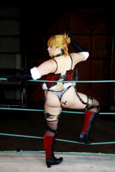 Rule 34 | 1girl, arena, ass, blonde hair, boxing ring, breasts, chouzuki maryou, cleavage, cosplay, eyepatch, fingerless gloves, gloves, highres, huge ass, mistress spencer, mistress spencer (cosplay), photo (medium), rumble roses, rumble roses xx, solo