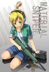 Rule 34 | 1girl, accuracy international, ammunition box, arm support, blonde hair, bolt action, boots, bullet, copyright name, ear protection, earmuffs, green eyes, gun, hair tie, iris (material sniper), kneeling, liminarity, looking at viewer, magazine (weapon), material sniper, ponytail, reflective floor, rifle, scope, shirt, shorts, sidelocks, sleeves rolled up, smile, solo, t-shirt, trigger discipline, weapon, weapon request